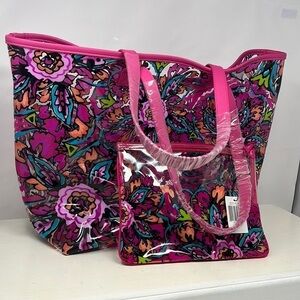 VERA BRADLEY LARGE BEACH BUNDLE TOTE AND POUCH ONLY IN SUNBURST FLORAL NEW
